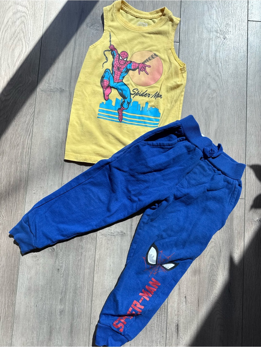 Marvel Spiderman Yellow Tank and Blue Joggers Set for Boys Sz XS/4-5 Athletic